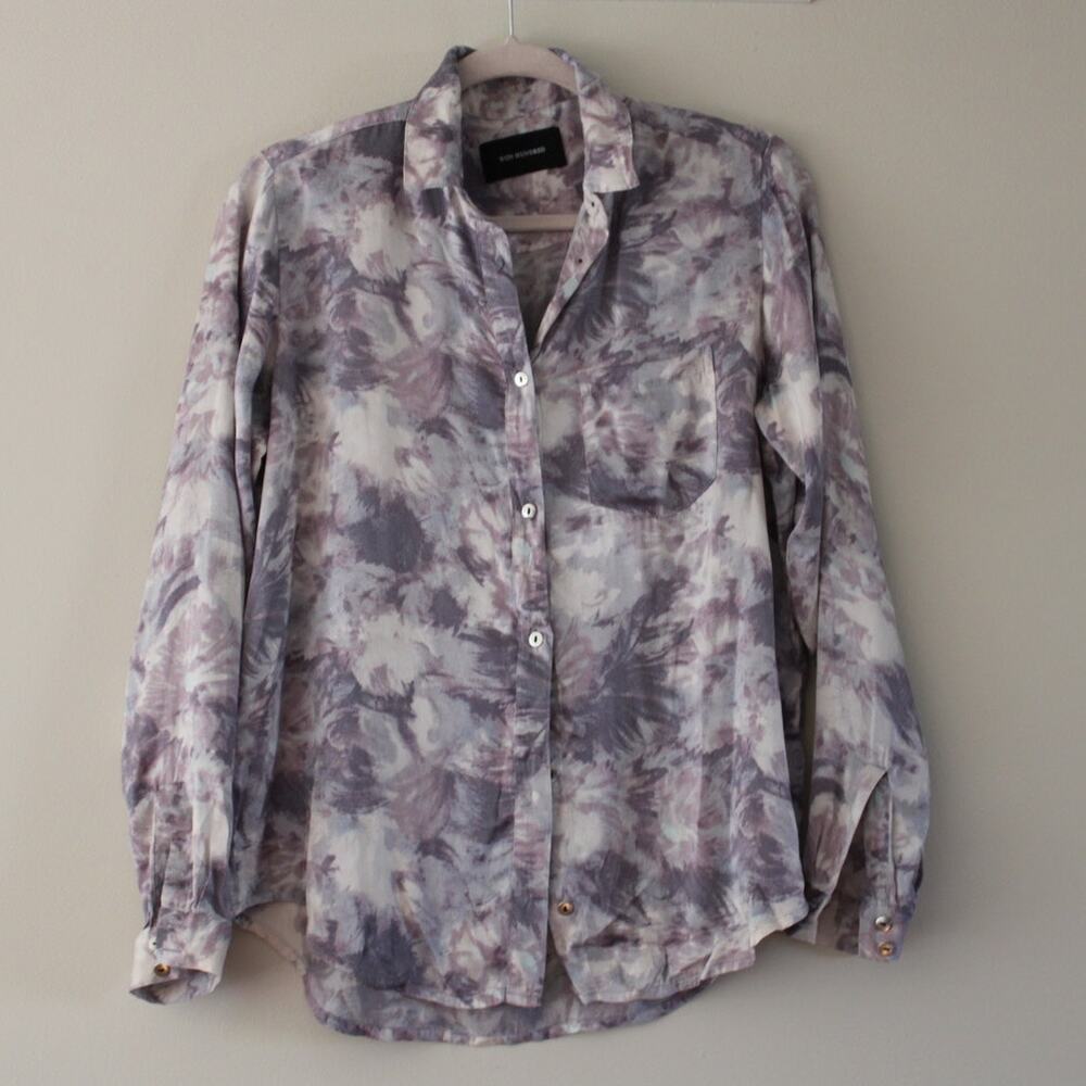 Won Hundred Long Sleeve Button‎ Front Blouse Top Purple Watercolor Print Small
